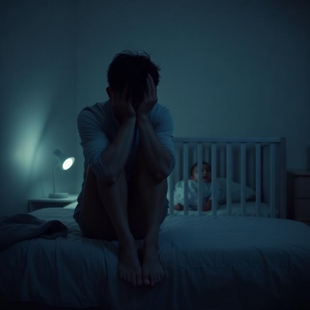 Exhausted parent at night