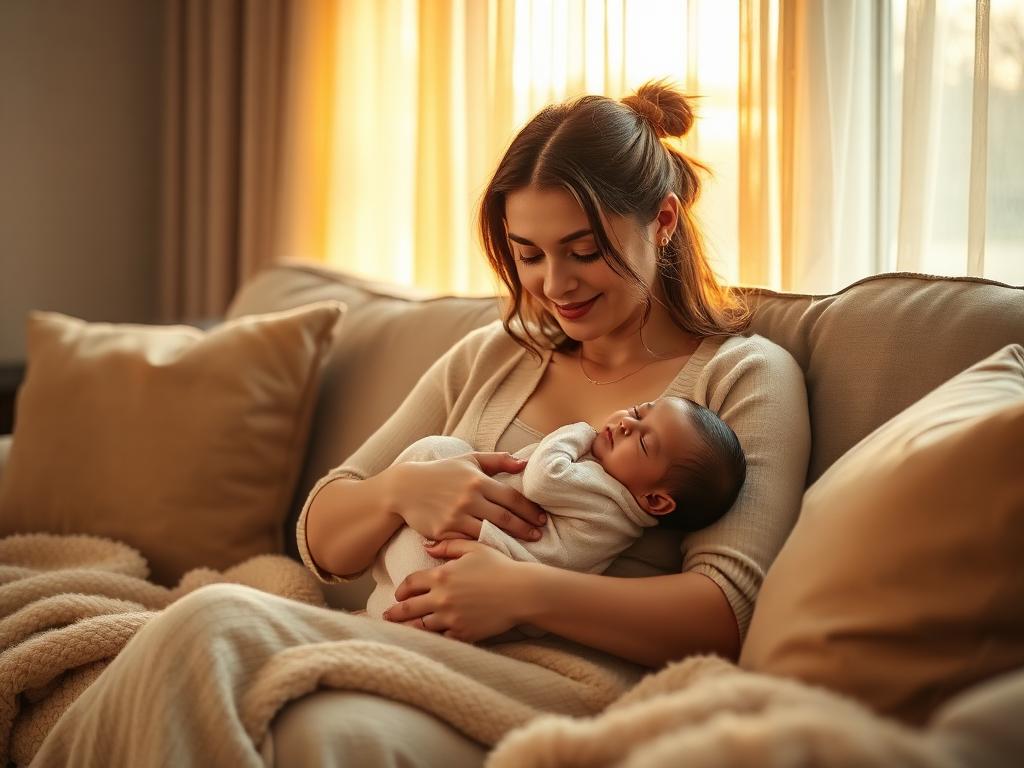 Happy mom holding her peacefully sleeping baby