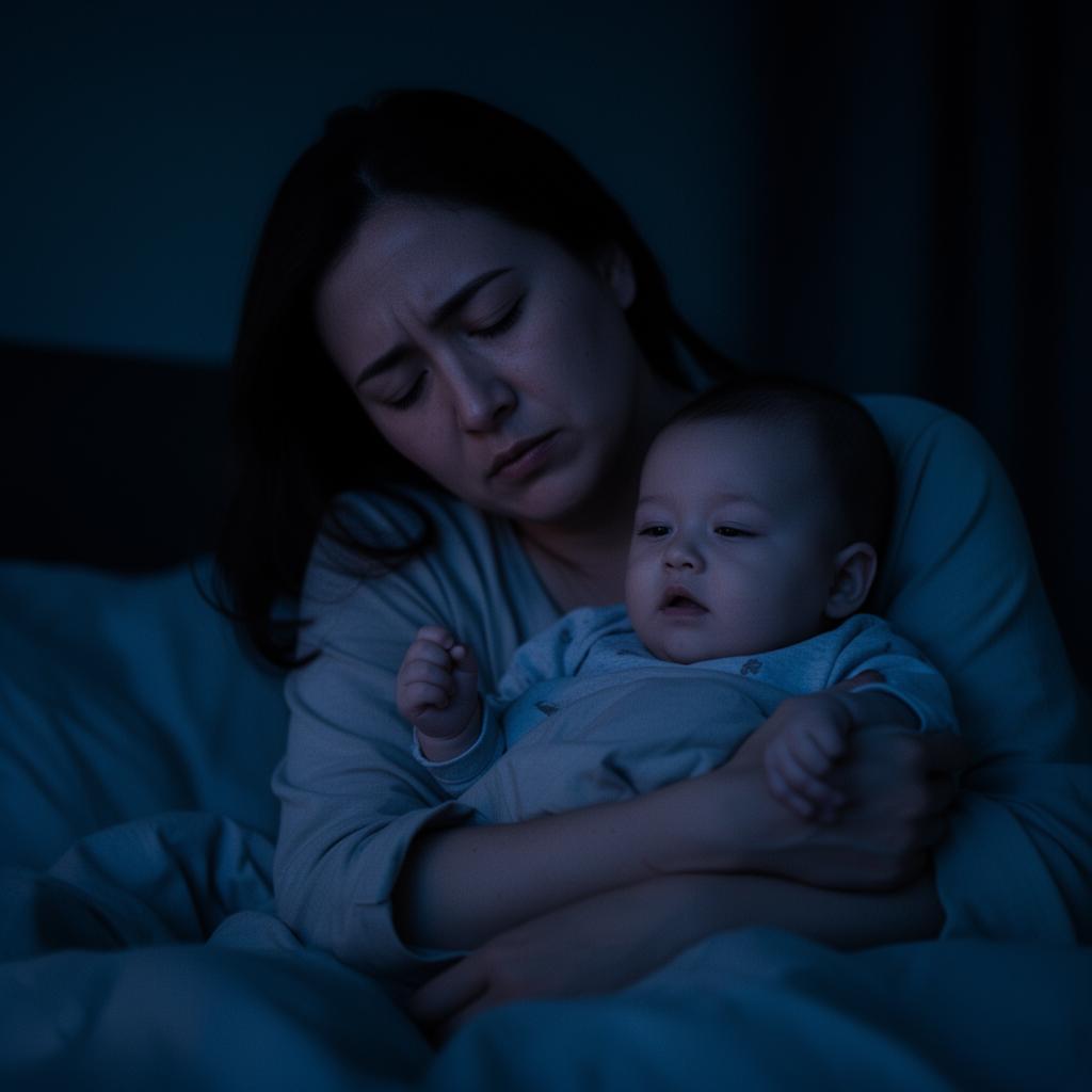 Tired parent with baby at night
